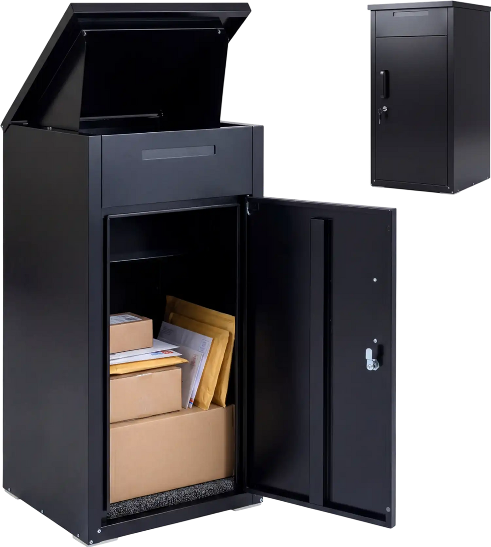 Black package delivery box with lockable door and anti-theft board, designed for secure outdoor mail and parcel storage.
