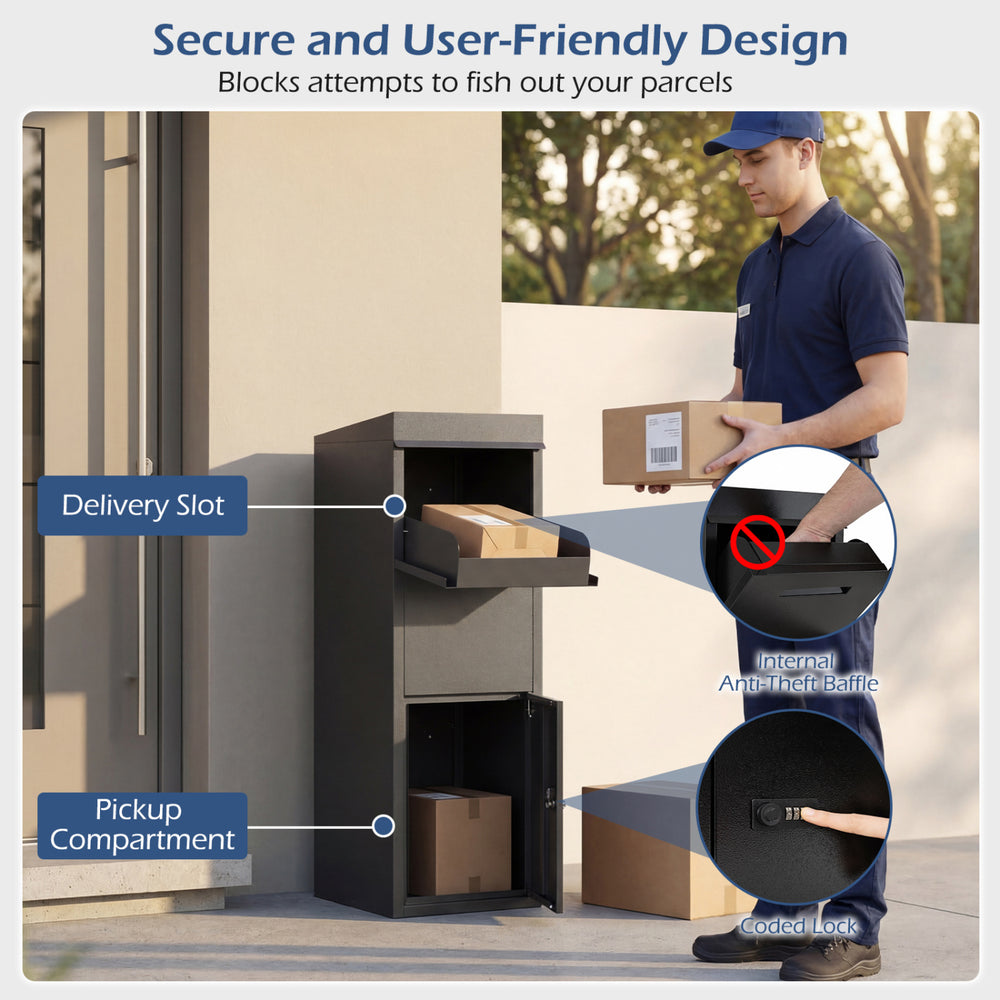 Package delivery box with anti-theft baffle, coded lock, and sloped roof for secure outdoor parcel storage.