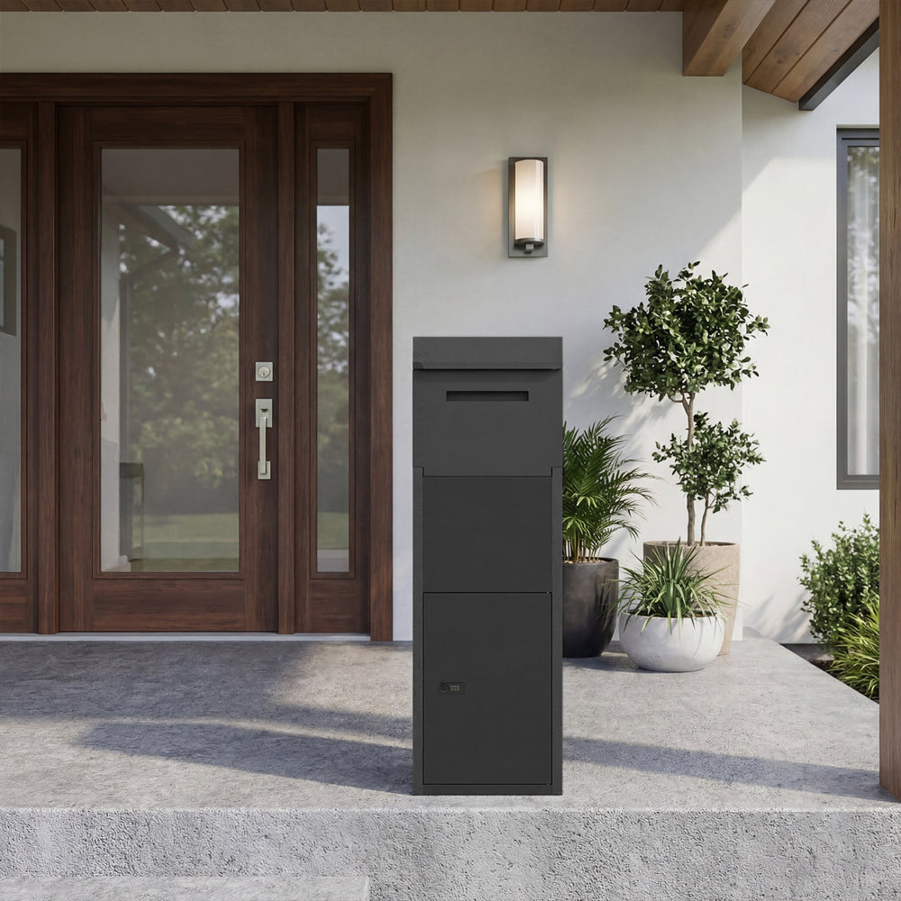 Black package delivery box with anti-theft baffle and sloped roof, ideal for secure outdoor parcel storage.