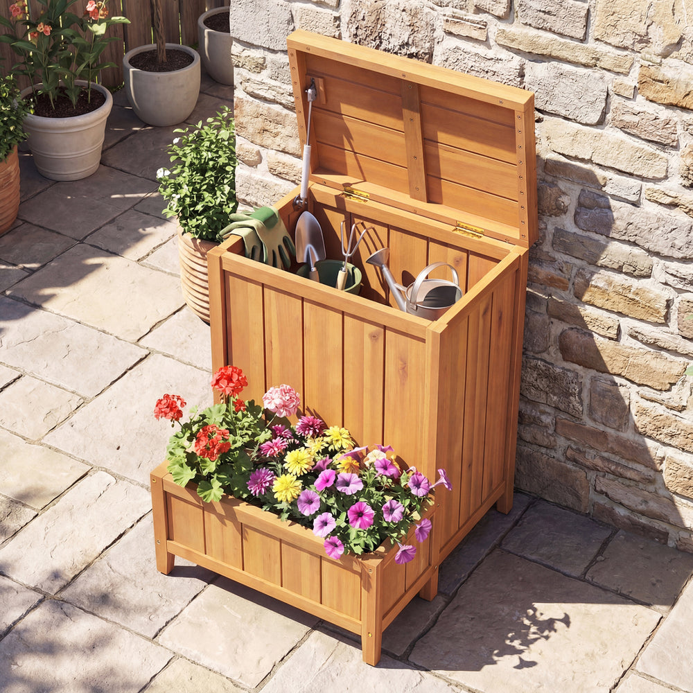 Wooden package delivery box with planter, featuring acacia wood, openable lid, and elevated legs for outdoor storage.