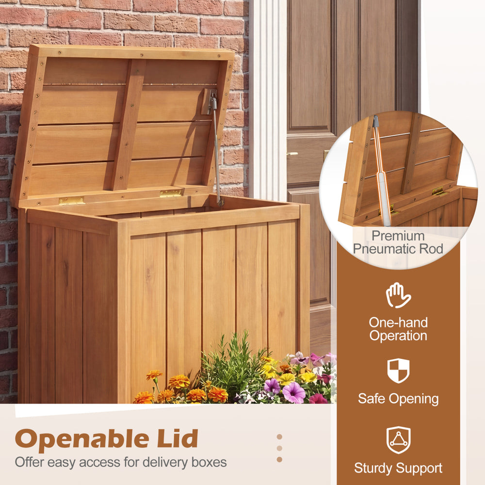 Openable lid of the acacia wood package delivery box with planter, featuring a pneumatic rod for easy one-hand.