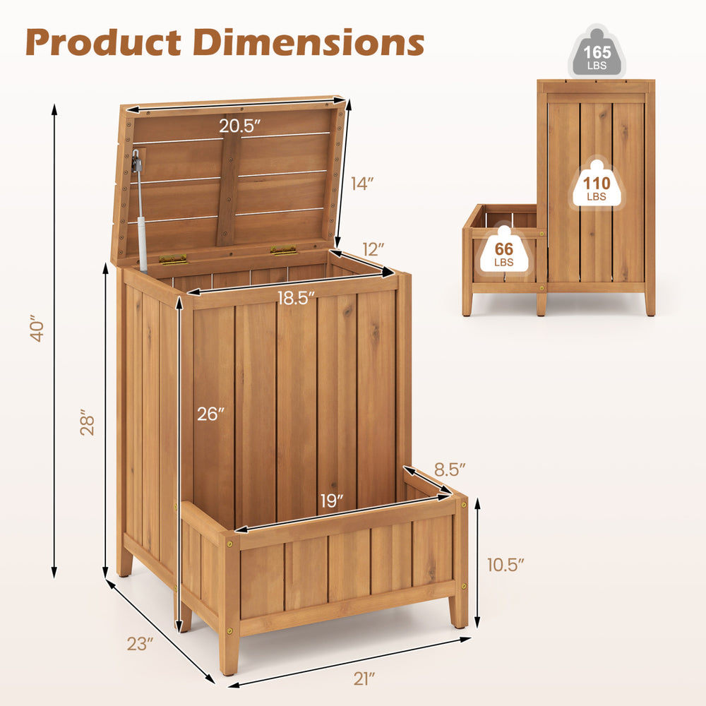 Dimensions of the Package Delivery Box with Planter Box, featuring acacia wood and a slatted base for outdoor use.
