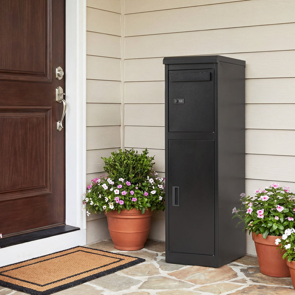 Black package delivery box with lockable doors, featuring separate compartments, ideal for outdoor use by the front.