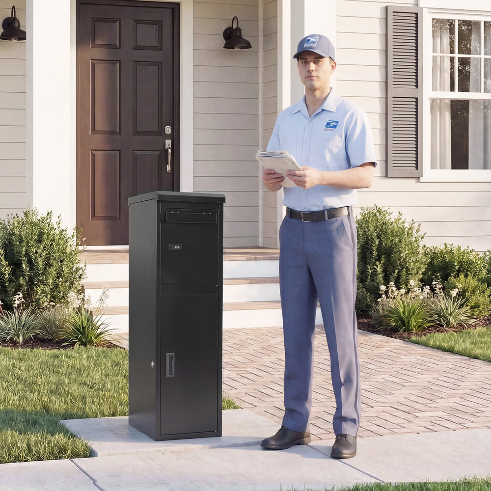 Black package delivery box with lockable doors, featuring separate compartments for mail and packages, ideal for.