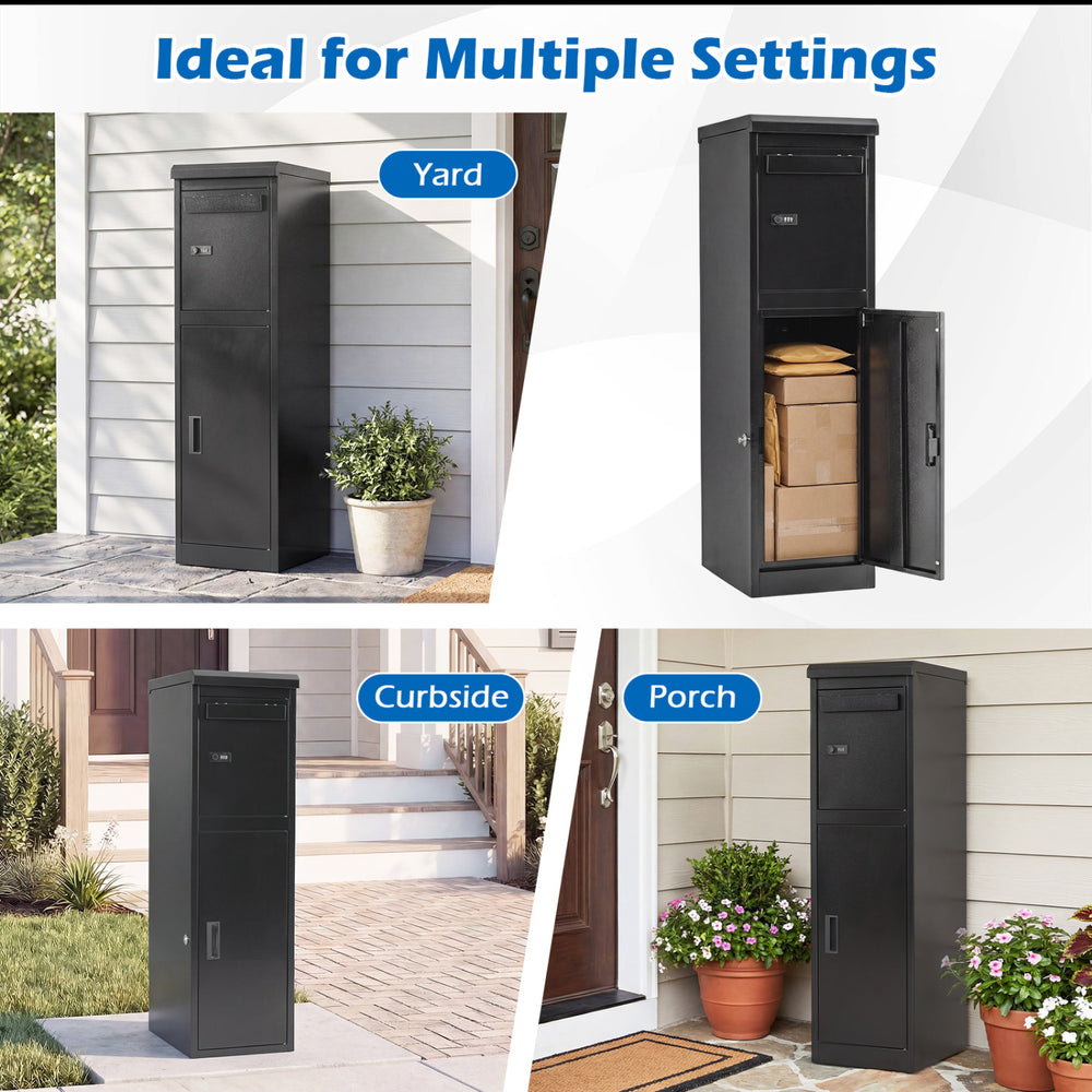 Package delivery box with lockable doors in black, suitable for porch, yard, or curbside use, featuring large storage.
