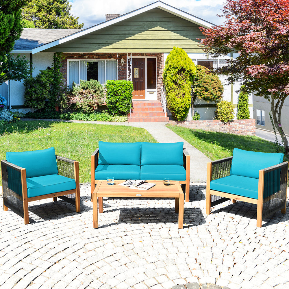 4 Pieces Wood Outdoor Patio Furniture Set with Cushions for Garden-Turquoise - Gallery View 1 of 9