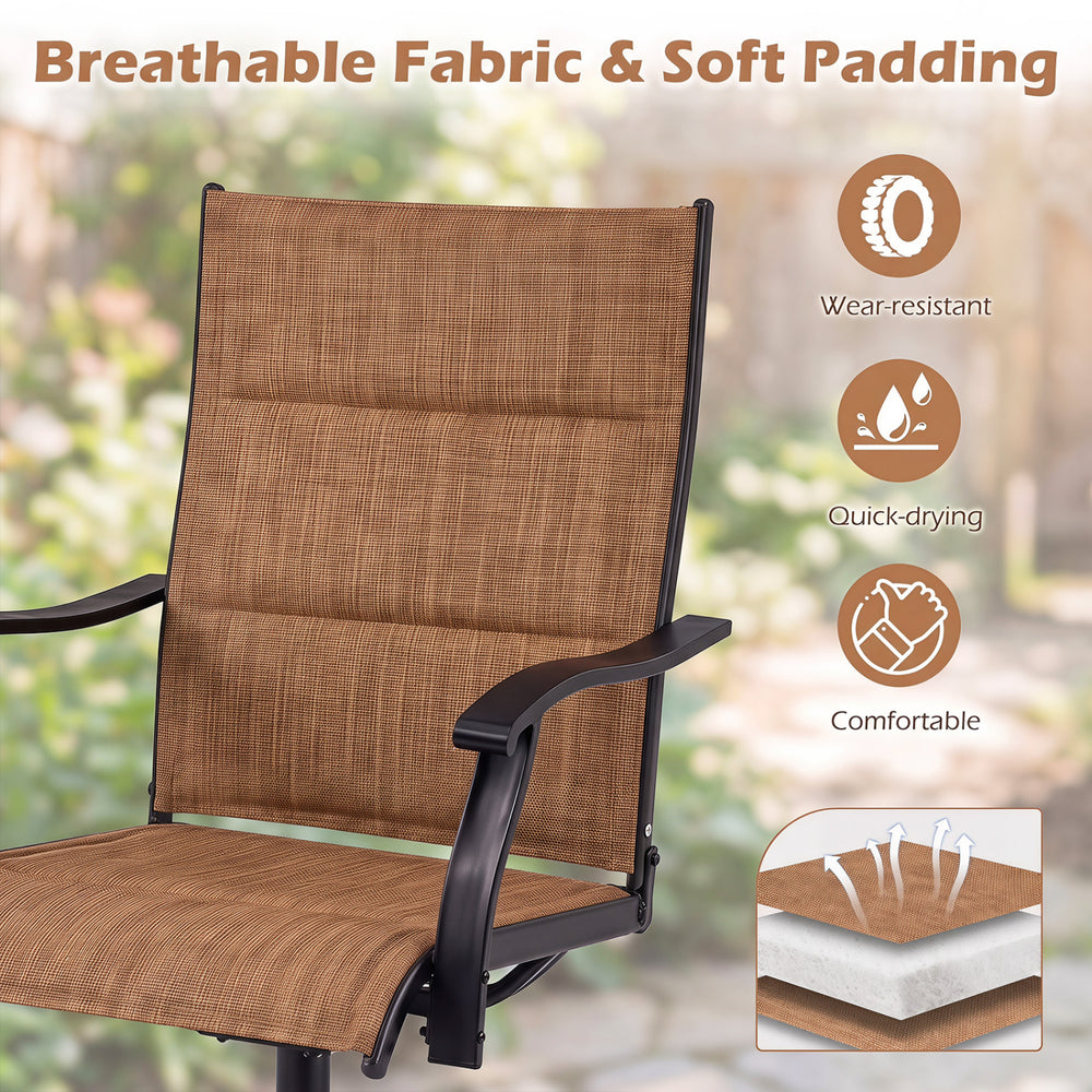 Light brown padded patio swivel chair showcasing breathable fabric and soft padding, perfect for outdoor dining comfort.