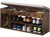Padded seat shoe bench in coffee with hidden storage and three open shelves, perfect for hallways or bedrooms.