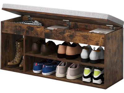 Costway Padded Seat Shoe Storage Bench Hidden Storage 3 Open Shelves Coffee 472536189 New