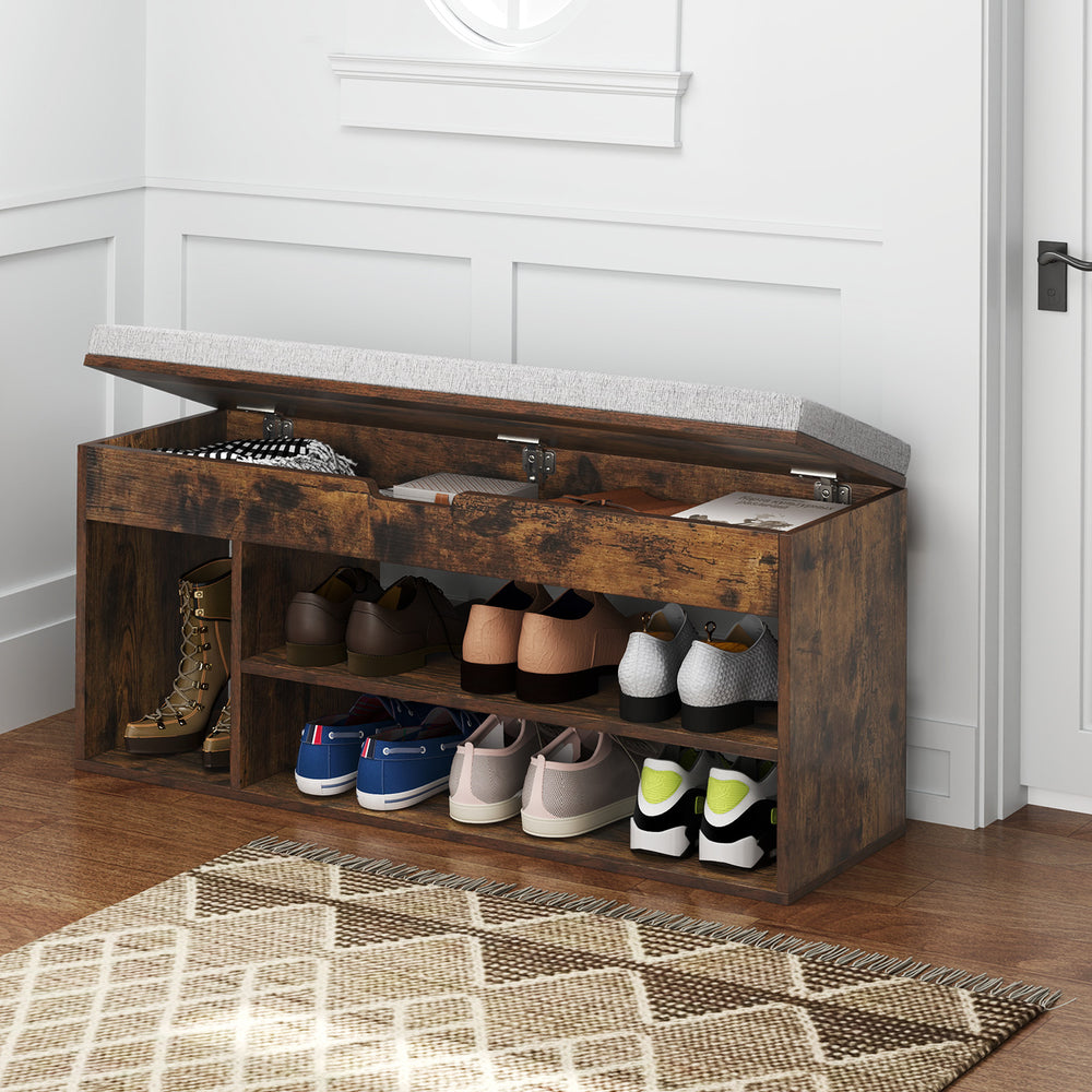 Padded Seat Shoe Bench with Hidden Storage and 3 Open Shelves-Coffee - Gallery View 1 of 10