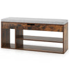 Padded seat shoe bench in coffee finish with hidden storage, three open shelves, and detachable cushion for versatile.