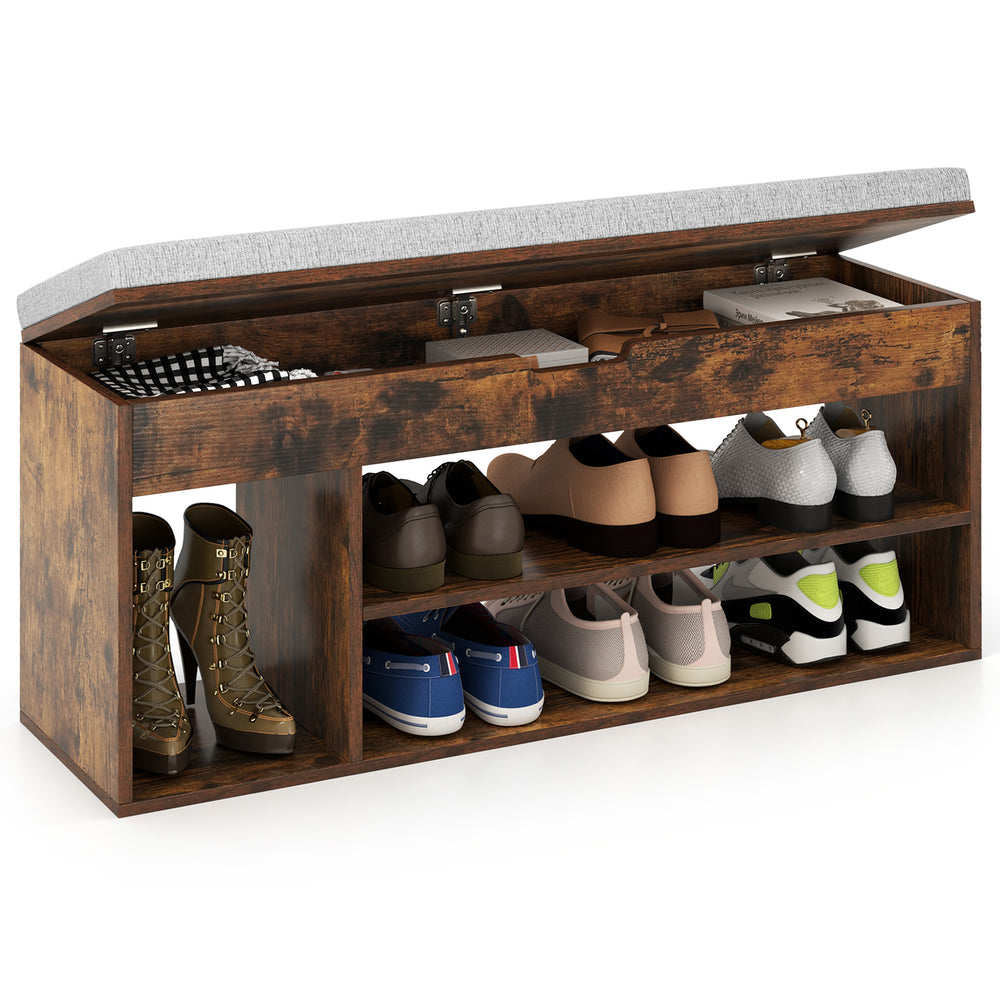 Padded seat shoe bench with hidden storage, three open shelves, and a comfortable cushion for versatile hallway use.