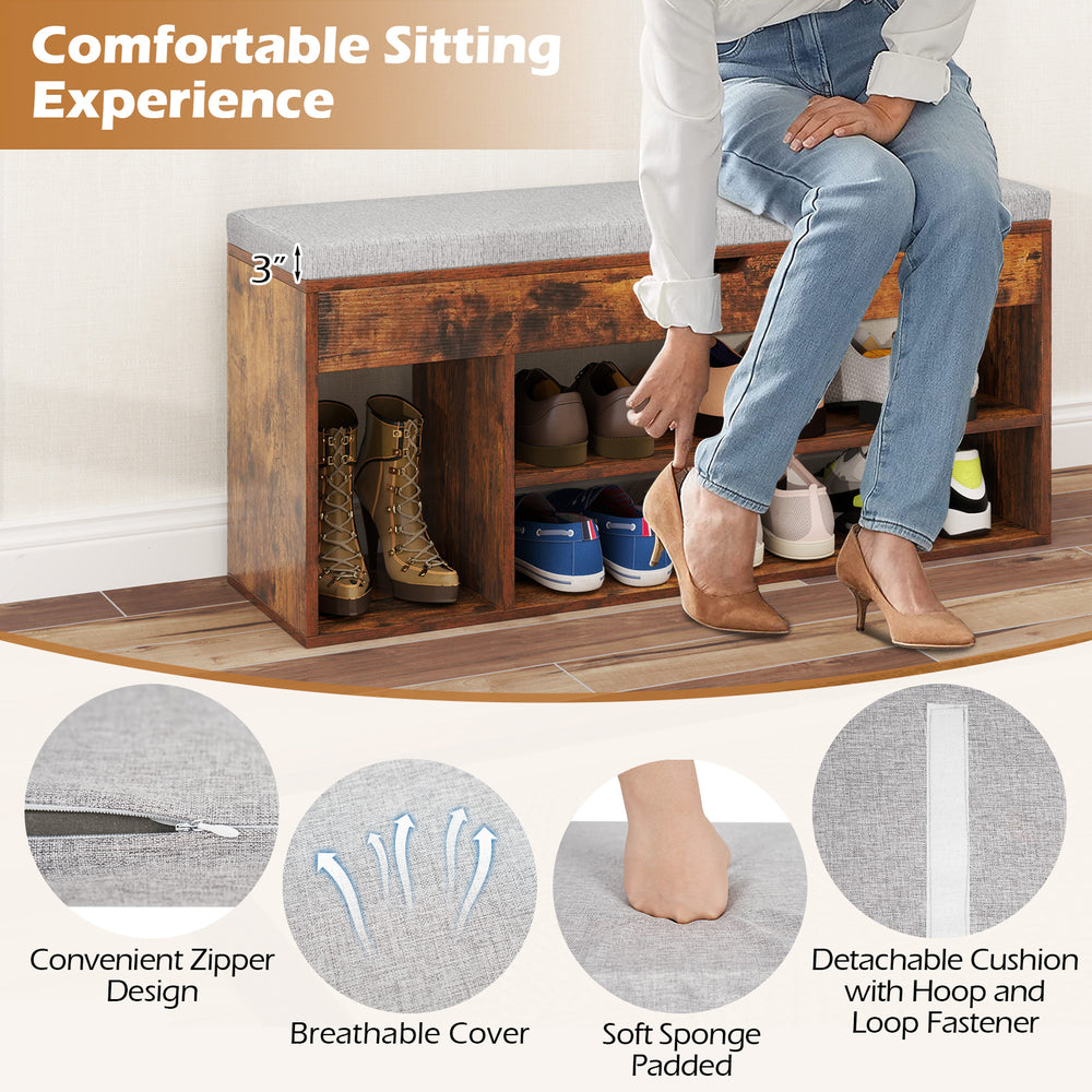 Padded seat shoe bench with hidden storage, three open shelves, and detachable cushion for versatile hallway use.