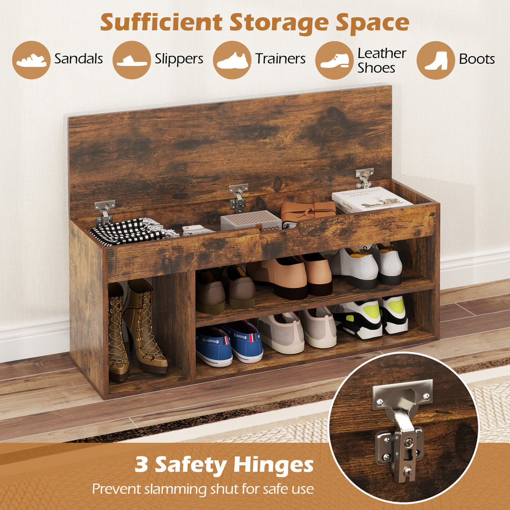 Padded seat shoe bench in coffee with hidden storage, three open shelves, and safety hinges for secure use.