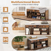 Padded seat shoe bench in coffee with hidden storage and three open shelves, ideal for hallways and living rooms.