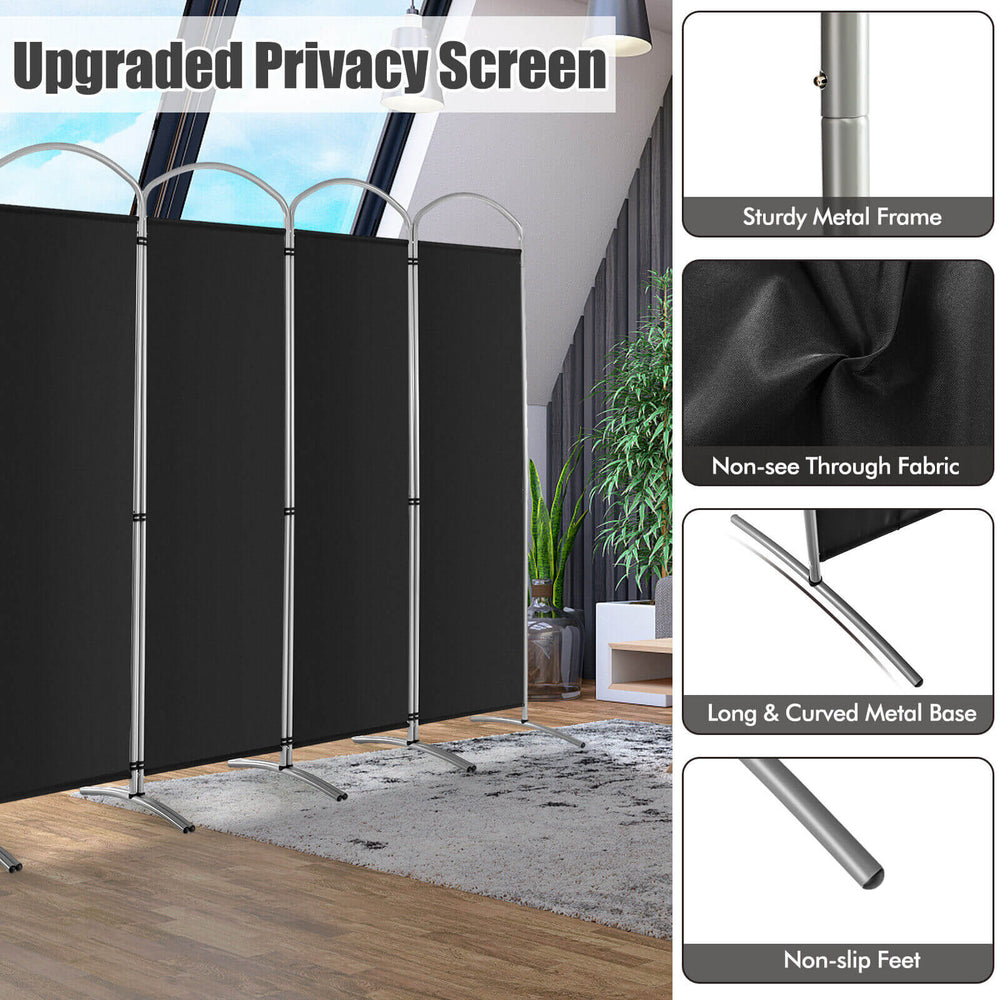 Freestanding 6-panel black privacy screen with sturdy metal frame and non-slip feet, ideal for offices and restaurants.