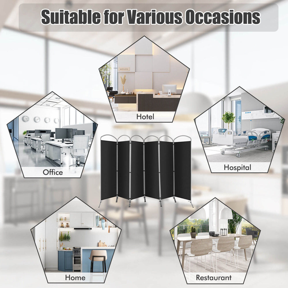 Freestanding 6-panel folding privacy screen in black, ideal for hotels, offices, and restaurants, offering durable.