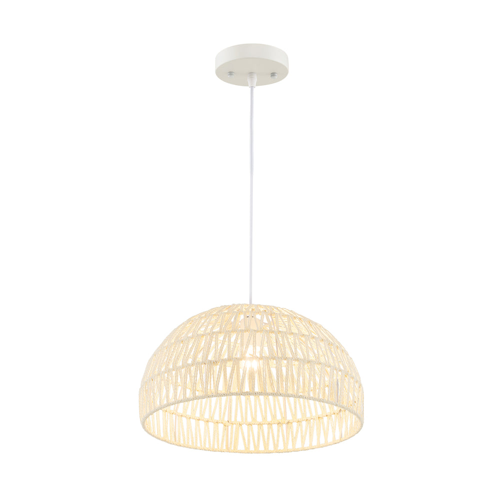 Beige farmhouse rattan pendant light with adjustable 12"-59" hanging rope, ideal for living room or kitchen decor.