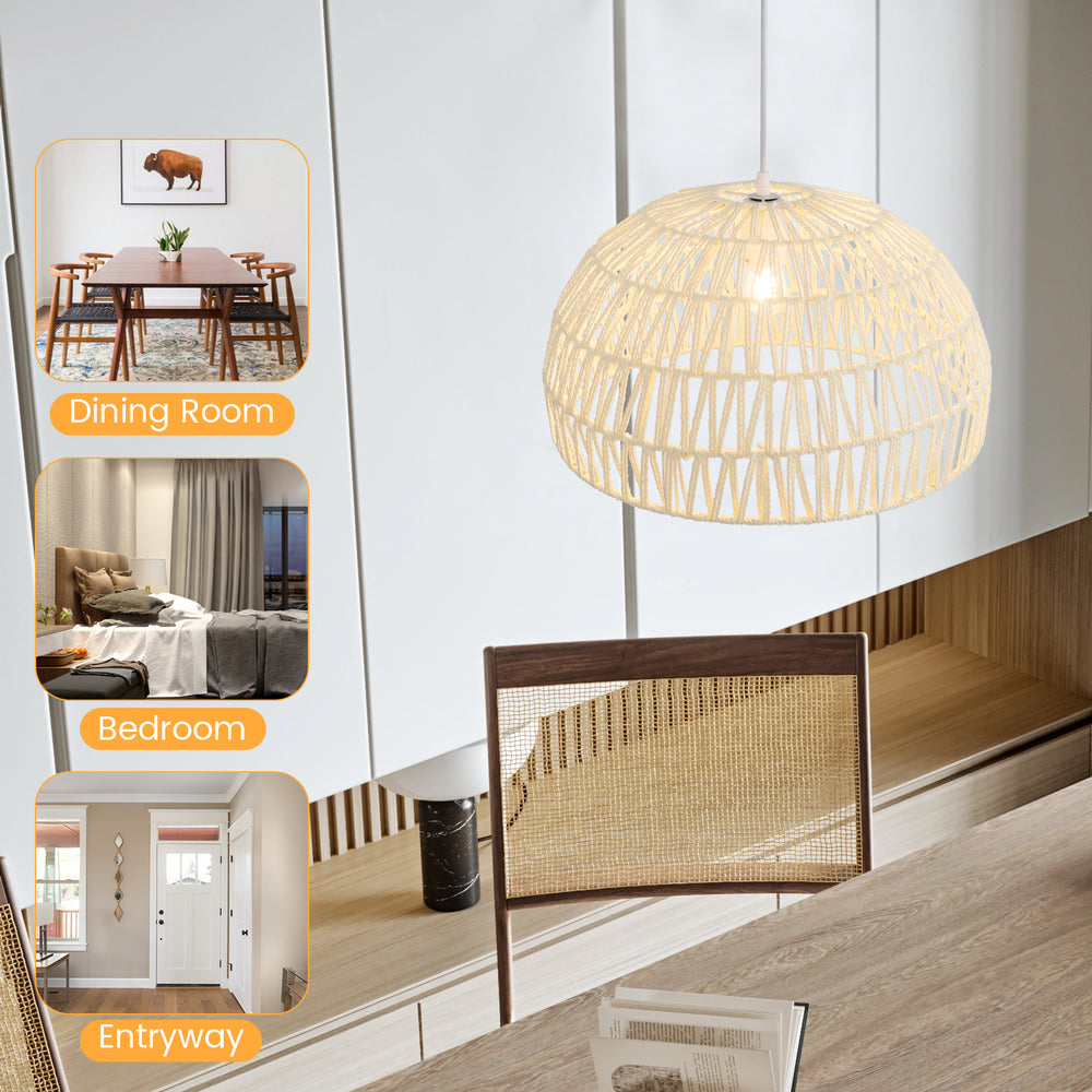 Beige farmhouse rattan pendant light with adjustable hanging rope, perfect for living room, bedroom, or kitchen decor.