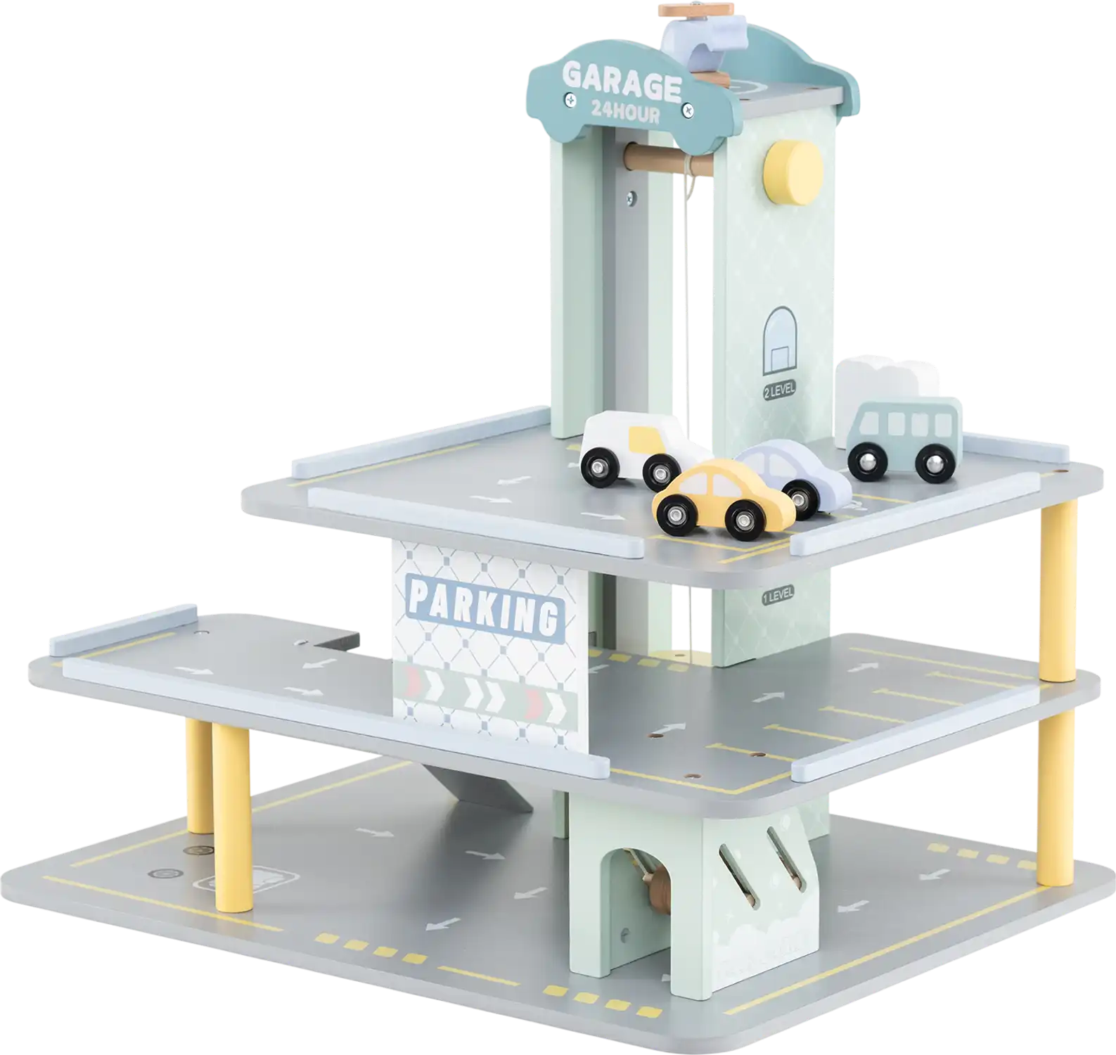 Costway Wooden Parking Garage Playset w/ 4 Cars & Helicopter 26574891 New