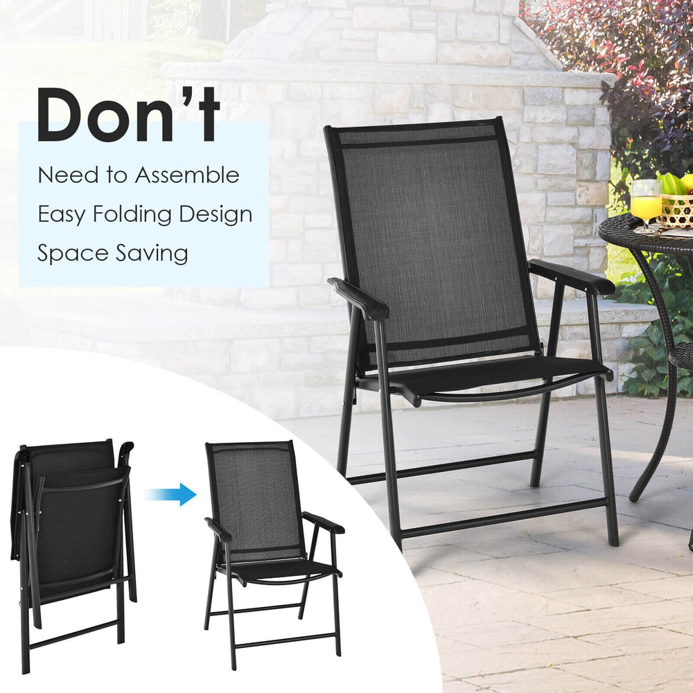 Black outdoor patio folding chair set of 2 with ergonomic armrests, lightweight design, perfect for indoor and outdoor.