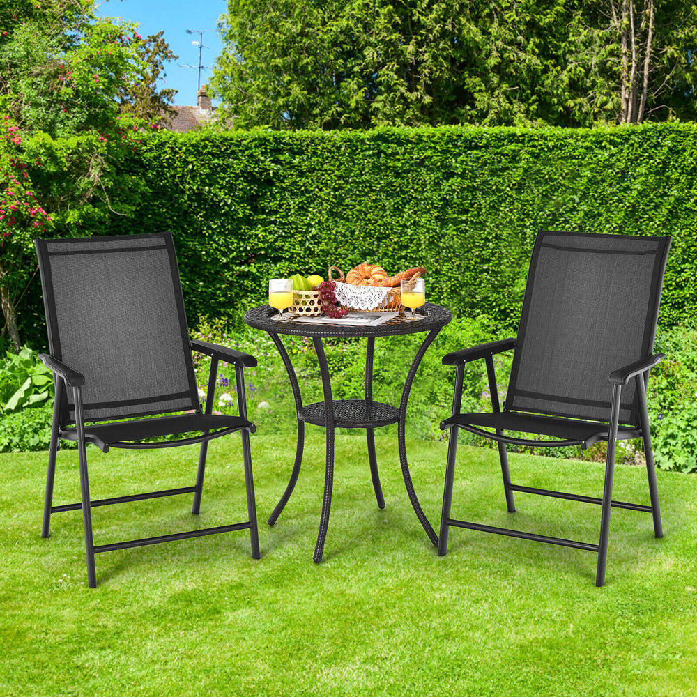 Set of 2 black outdoor patio folding chairs with ergonomic armrests, perfect for indoor and outdoor use.