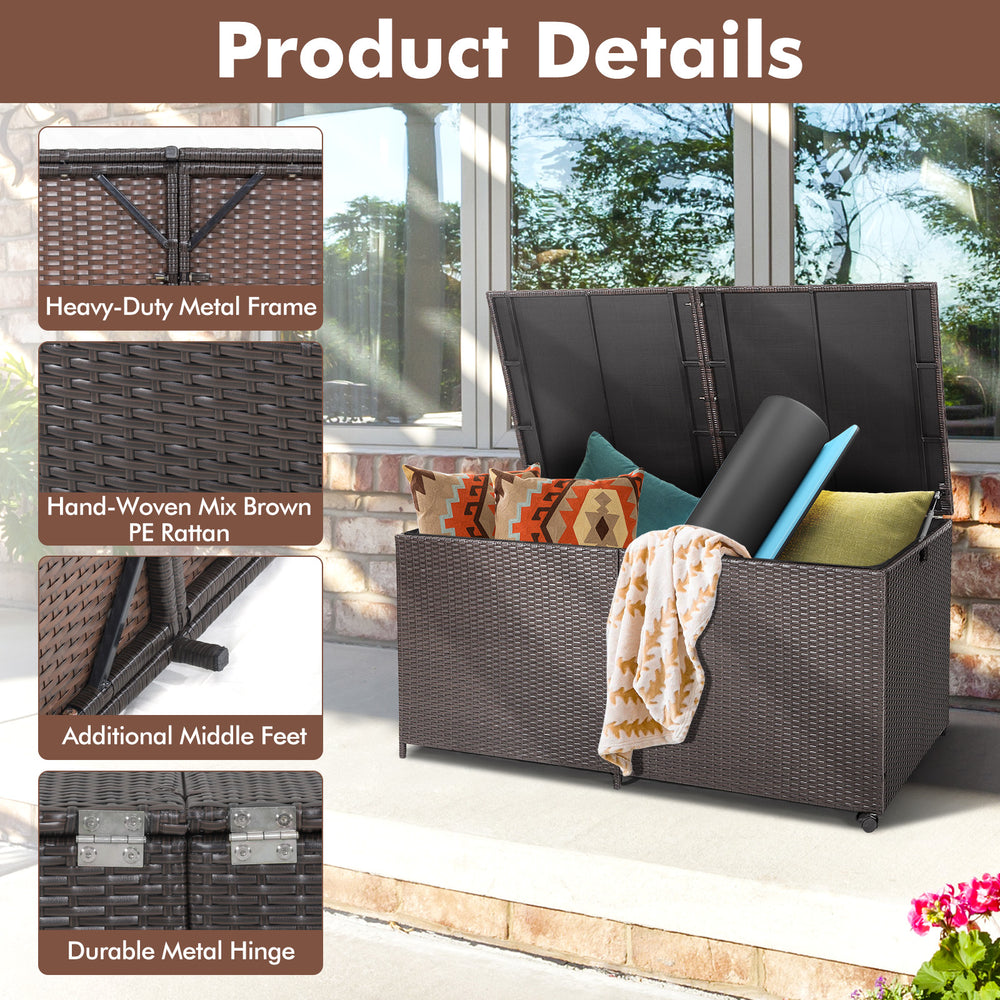 Outdoor storage box with hand-woven brown PE rattan, 175-gallon capacity, and universal wheels for easy movement.