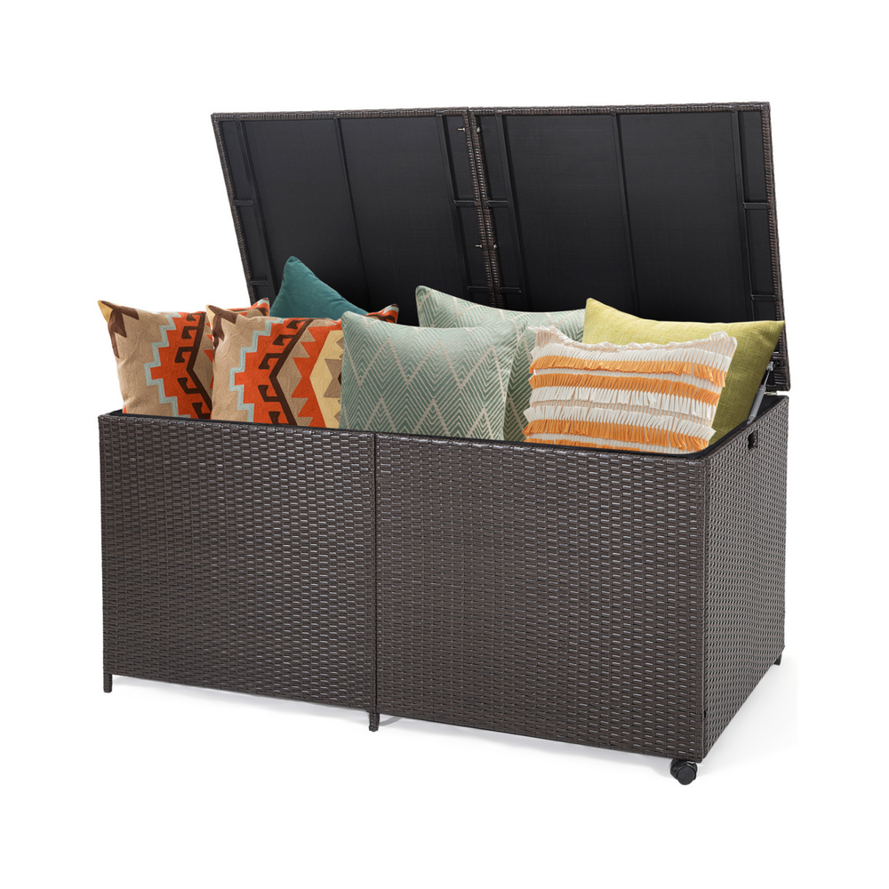 Outdoor storage box with lid open, featuring 175-gallon capacity, hand-woven brown PE rattan, and colorful cushions.