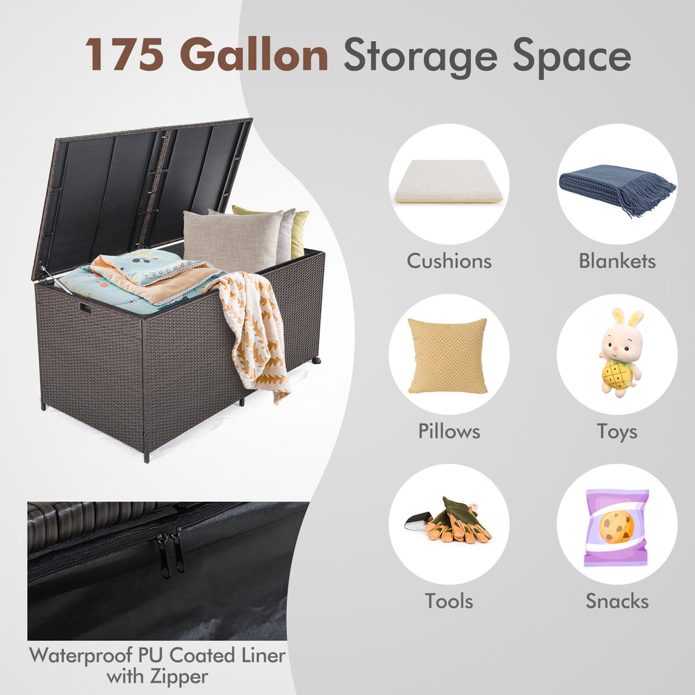Outdoor storage box with 175-gallon capacity, brown PE rattan, zippered liner, ideal for patio or backyard use.