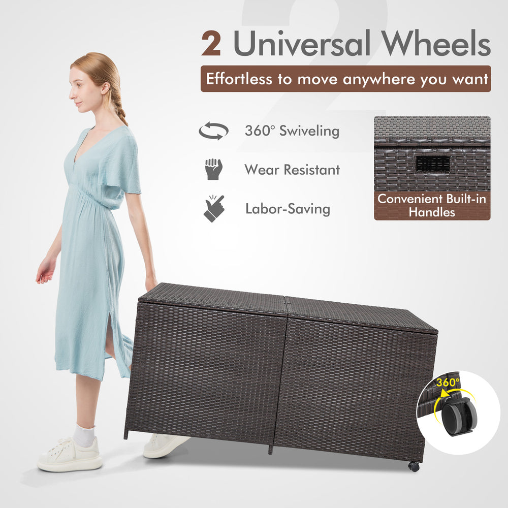 Outdoor storage box with 175-gallon capacity, brown PE rattan, and universal wheels for easy movement in any space.