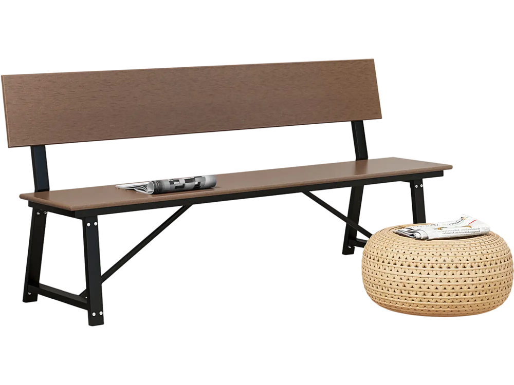 Extra long 72-inch brown bench with HDPE seat and back, perfect for outdoor gardens and porches, supports up to 1100.
