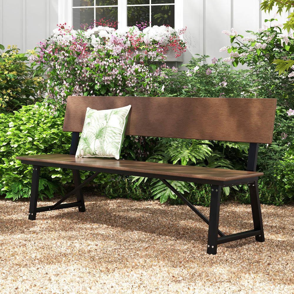72-inch extra long garden bench with brown HDPE seat and back, featuring a heavy-duty metal frame for outdoor use.