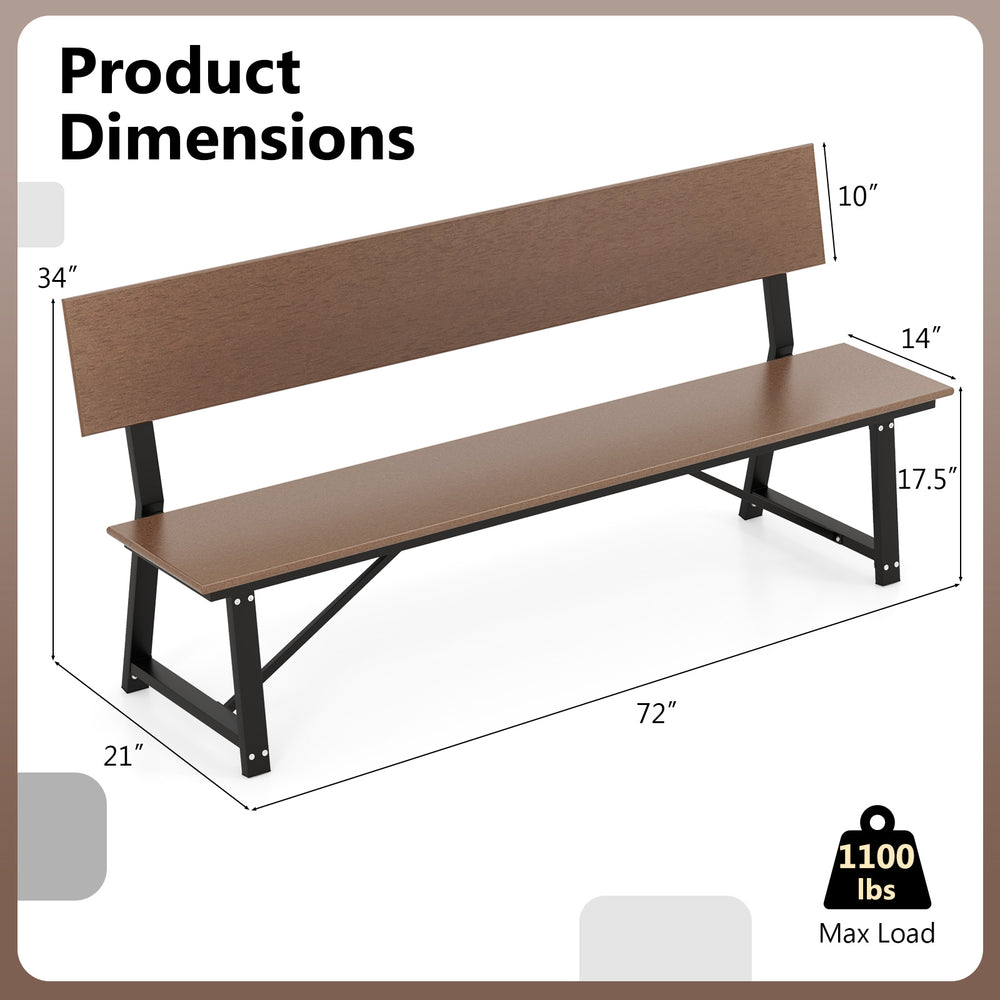 72-inch extra long brown bench with HDPE seat and back, heavy-duty metal frame, ideal for outdoor gardens and porches.