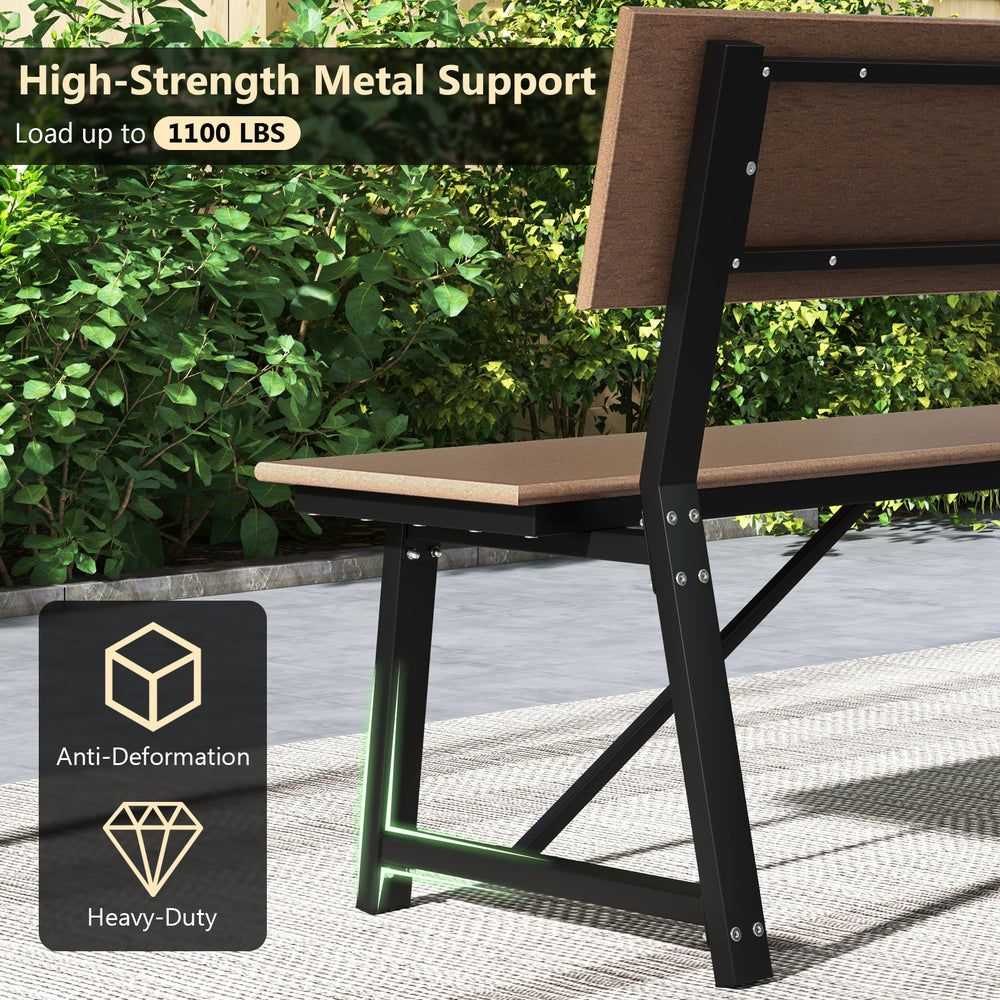 Heavy-duty metal frame of the 72-inch extra long bench with brown HDPE seat, supporting up to 1100 lbs for outdoor use.