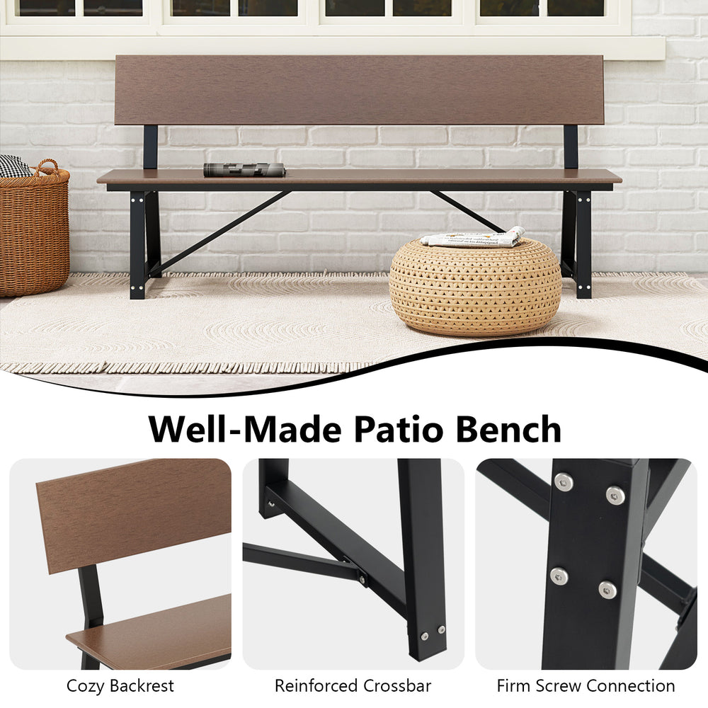 72-inch brown patio bench with HDPE seat and back, featuring a cozy backrest and heavy-duty metal frame for outdoor use.