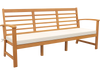 Patio 64-inch wood bench in acacia with off-white cushion, perfect for backyard seating and comfort.