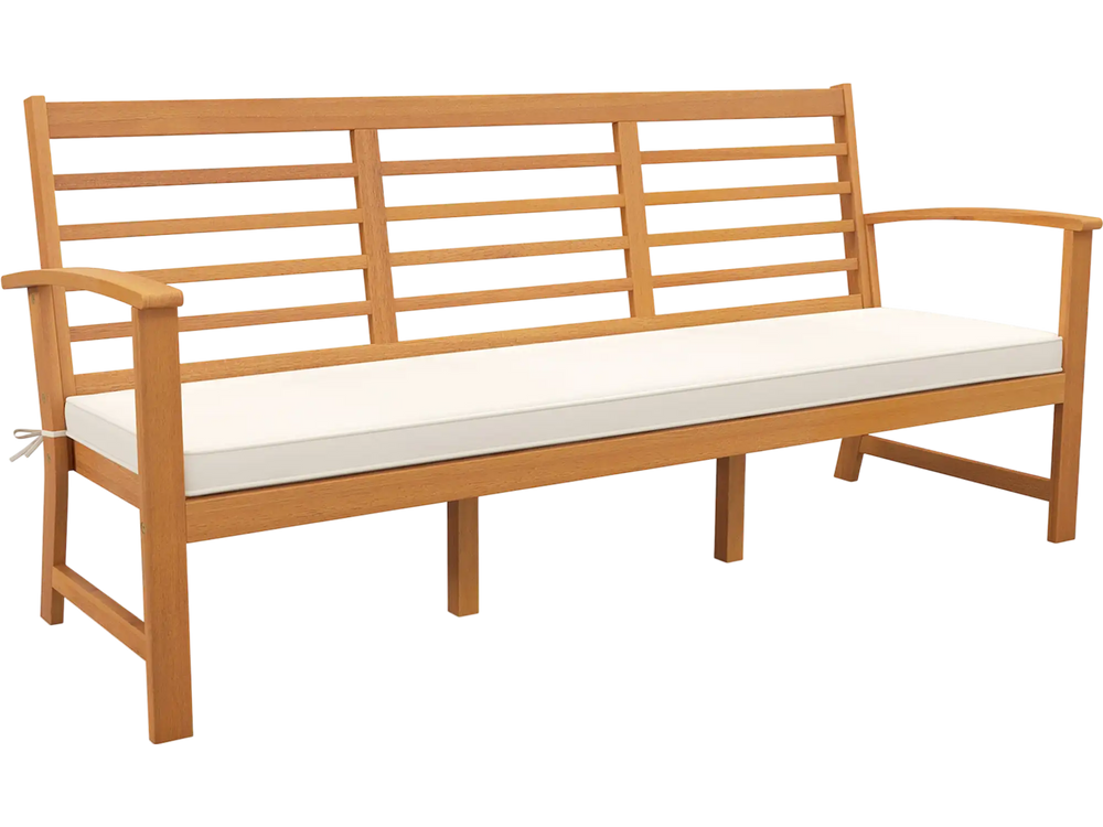 Patio 64-inch wood bench in acacia with off-white cushion, perfect for backyard seating and comfort.