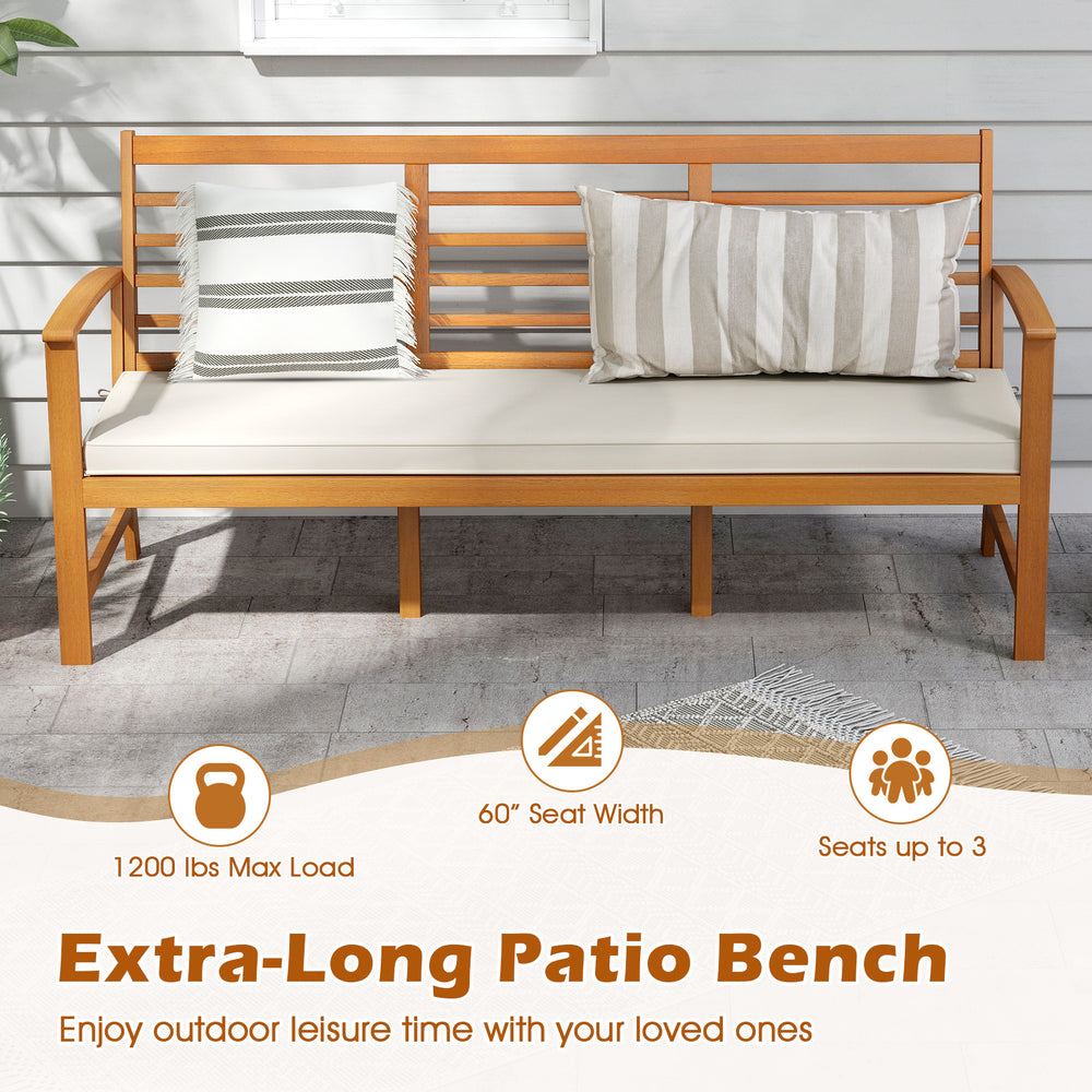 Extra-long patio bench made of acacia wood, seats 3, with cushion for backyard relaxation and sturdy support up to 1200.
