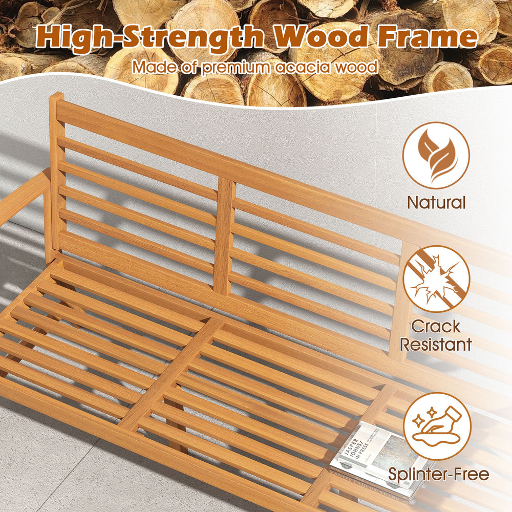 Patio 64-inch wood bench featuring a natural acacia wood frame, slatted seat, and comfortable seat cushion for backyard.