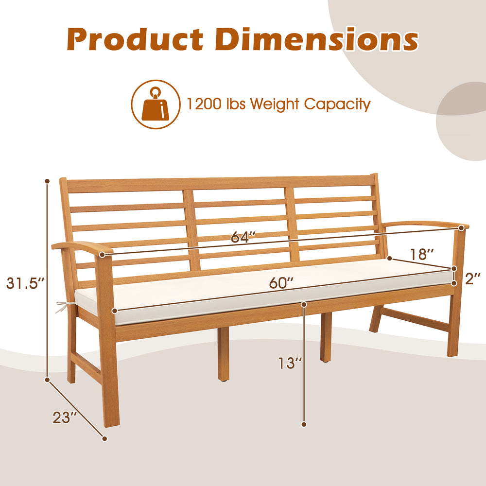 Patio 64-inch wood bench with slatted seat, off-white cushion, supports 1200 lbs, ideal for backyard seating.