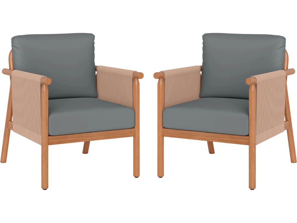 Set of 2 patio chairs with acacia wood frame, gray cushions, and woven rope armrests for backyard relaxation.