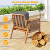Patio acacia wood chair with woven rope armrests and gray cushions, ideal for backyard relaxation and durability.