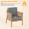 Patio acacia wood chair with woven rope armrests and gray cushions, showcasing dimensions for backyard comfort.