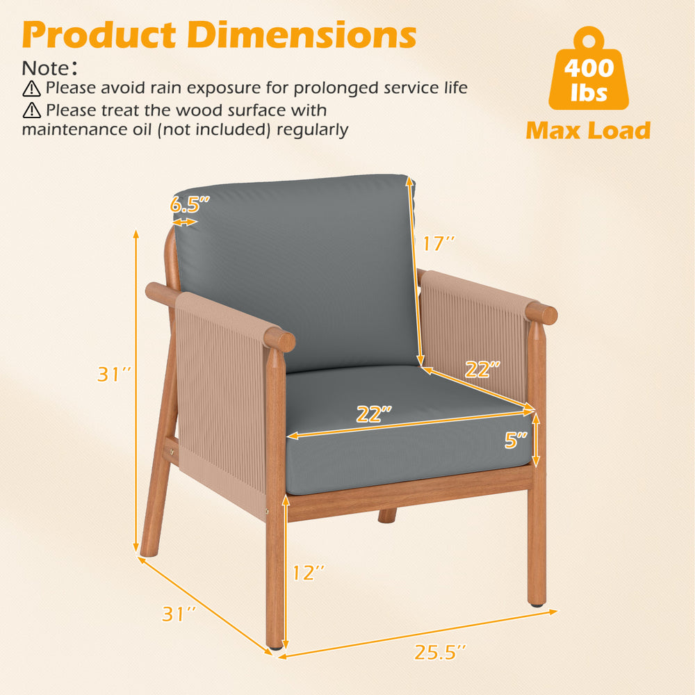 Patio acacia wood chair with woven rope armrests and gray cushions, showcasing dimensions for backyard comfort.