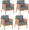 Set of 4 patio chairs featuring acacia wood frames, woven rope armrests, and gray seat cushions for backyard comfort.