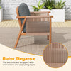 Side view of a patio acacia wood chair with woven rope armrests and gray cushions, perfect for backyard relaxation.