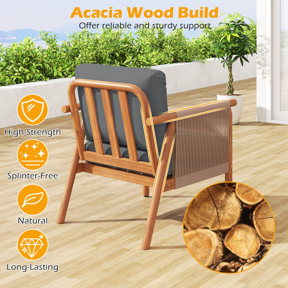 Acacia wood chair with woven rope armrests and gray cushions, designed for backyard comfort and durability.