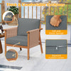 Patio acacia wood chair with gray thick cushions, woven rope armrests, and ergonomic design for backyard comfort.
