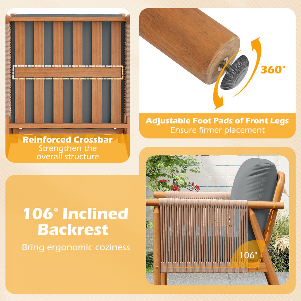 Patio acacia wood chair with woven rope armrests, 106° inclined backrest, and adjustable foot pads for backyard comfort.