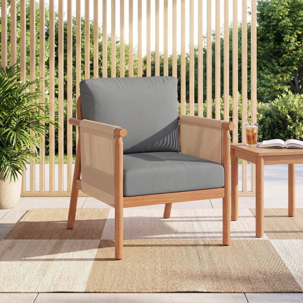 Patio Acacia Wood Chair with Woven Rope Armrests and Seat Back Cushions for Backyard-Gray - Gallery View 1 of 9